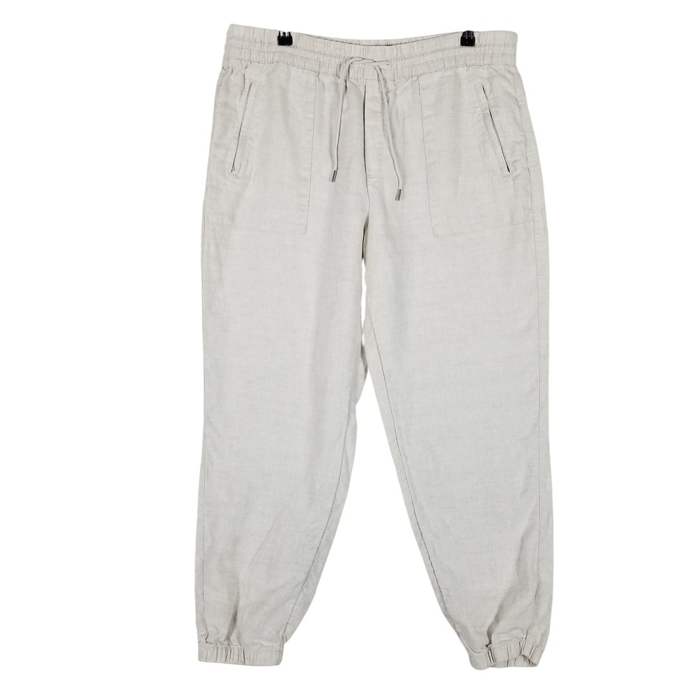 Athleta Jogger Pants Women Sz L Oatmeal Beige 100% Linen Drawstring Elastic Cuff